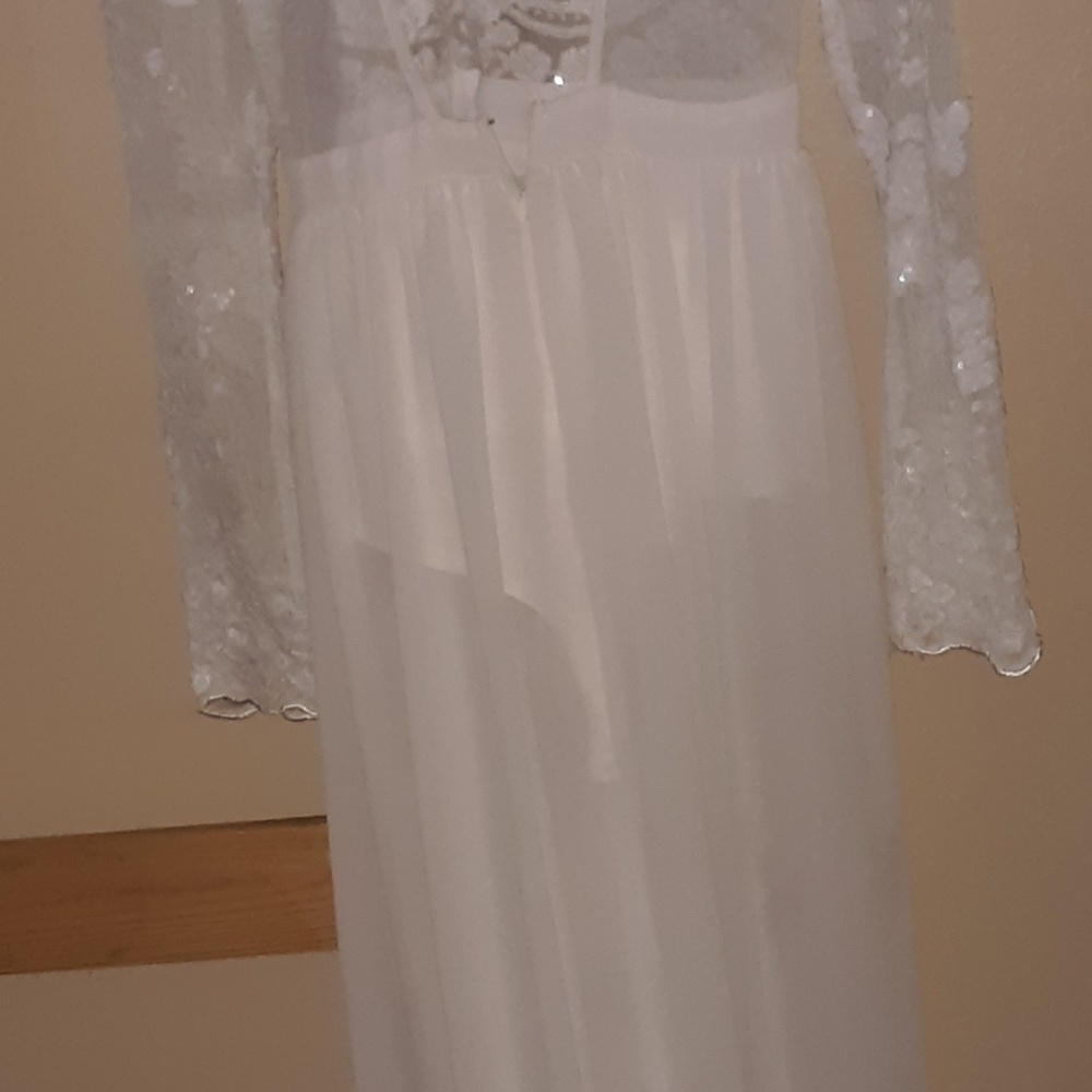 Sequins white lace shear long sleeve long dress
